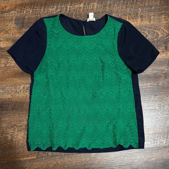 J. Crew Size Small Blue Green Lace Front Short Sleeve Top Style B0090 Blouse - Picture 2 of 4